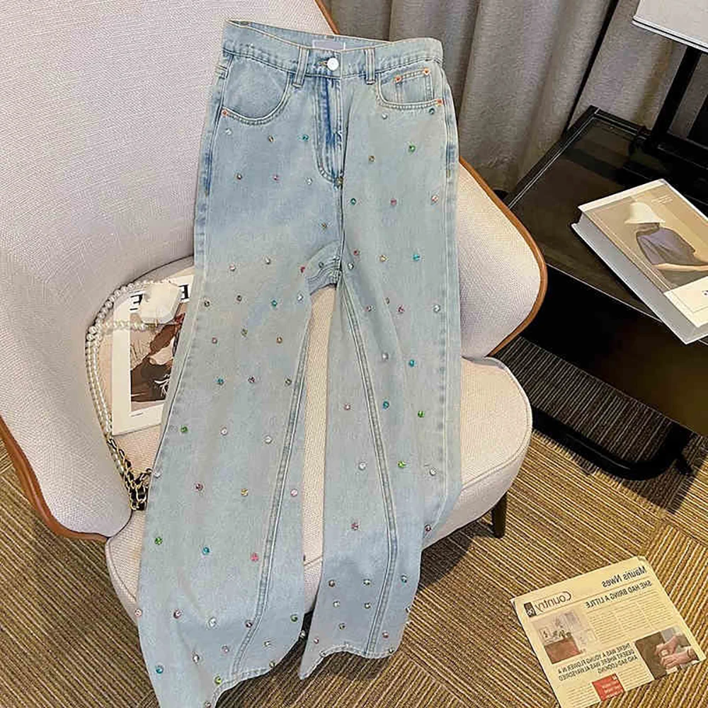 

American Style Colorful Diamond Jeans Women High Waist Straight Loose Blue Denim Pants Fashion Slim Wide Leg Pants Streetwear