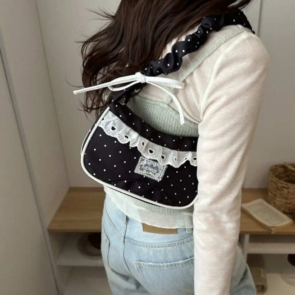 

Lace Polka Dot Shoulder Bag Stretchable Strap Drawstring Pleated Underarm Bag Ultralight Large Capacity French Stick Handbag