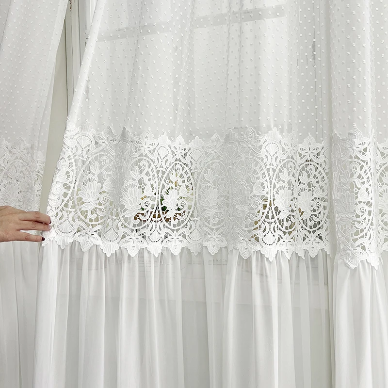 

1Piece French Aesthetic Romantic White Hollowed Lace Splicing Ruffled Skirt Sheer Tulle Curtain For Living Room Bedroom Custom