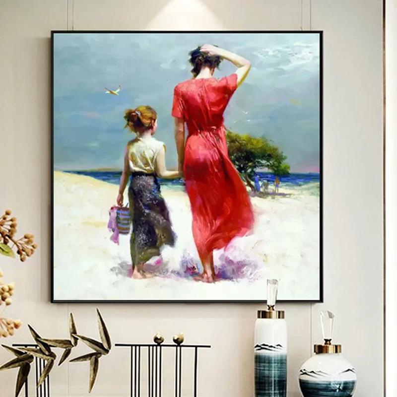 100% Hand Painted Boutique Unframed Impressionist Canvas Figure Painting,Mother and Child Oil Painting,seaside
