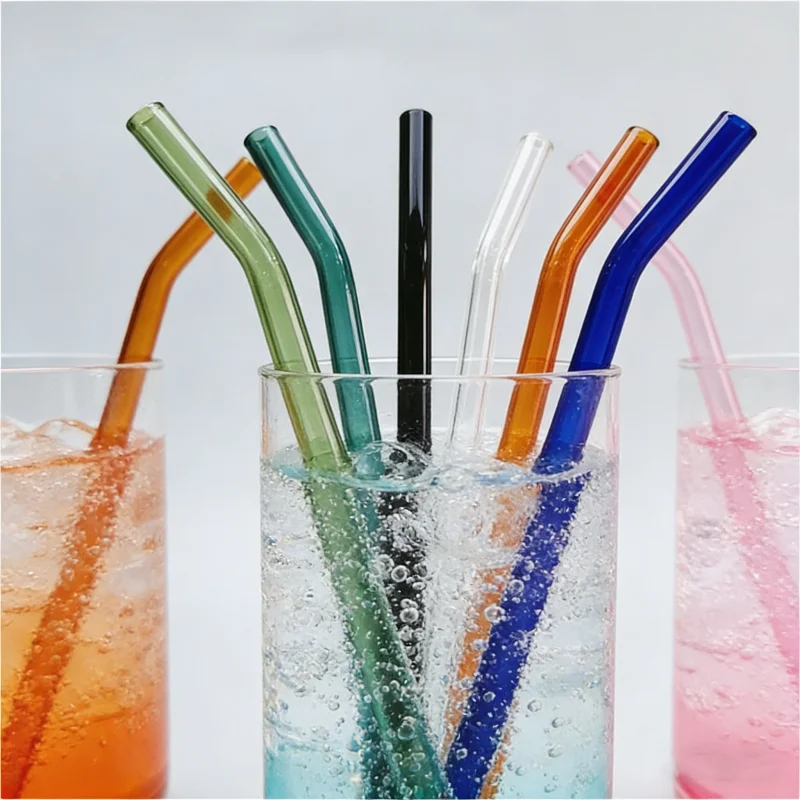 Colorful Bent Glass Straws 150x8mm Reusable Drinking Straws with Cleaning Brush for Smoothie, Juice, Coffee - Eco-Friendly Drink