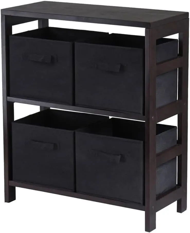 

Wood Capri Wood 2 Section Storage Shelf with 4 Black Fabric Foldable Baskets