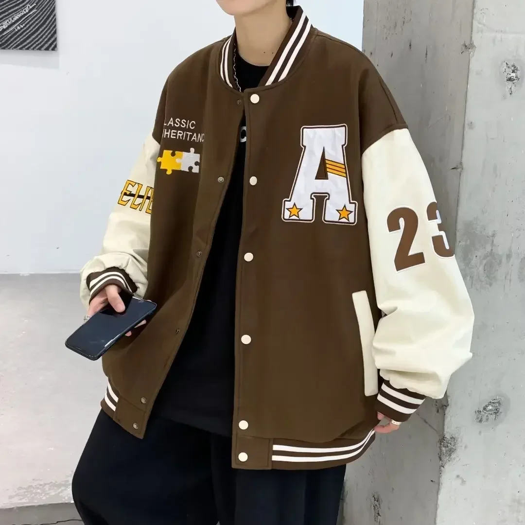 Spring Autumn Loose-fit Baseball Jacket For Men Vintage American Style Embroidered Towel Clip-on Student Long Sleeve Ball Cap