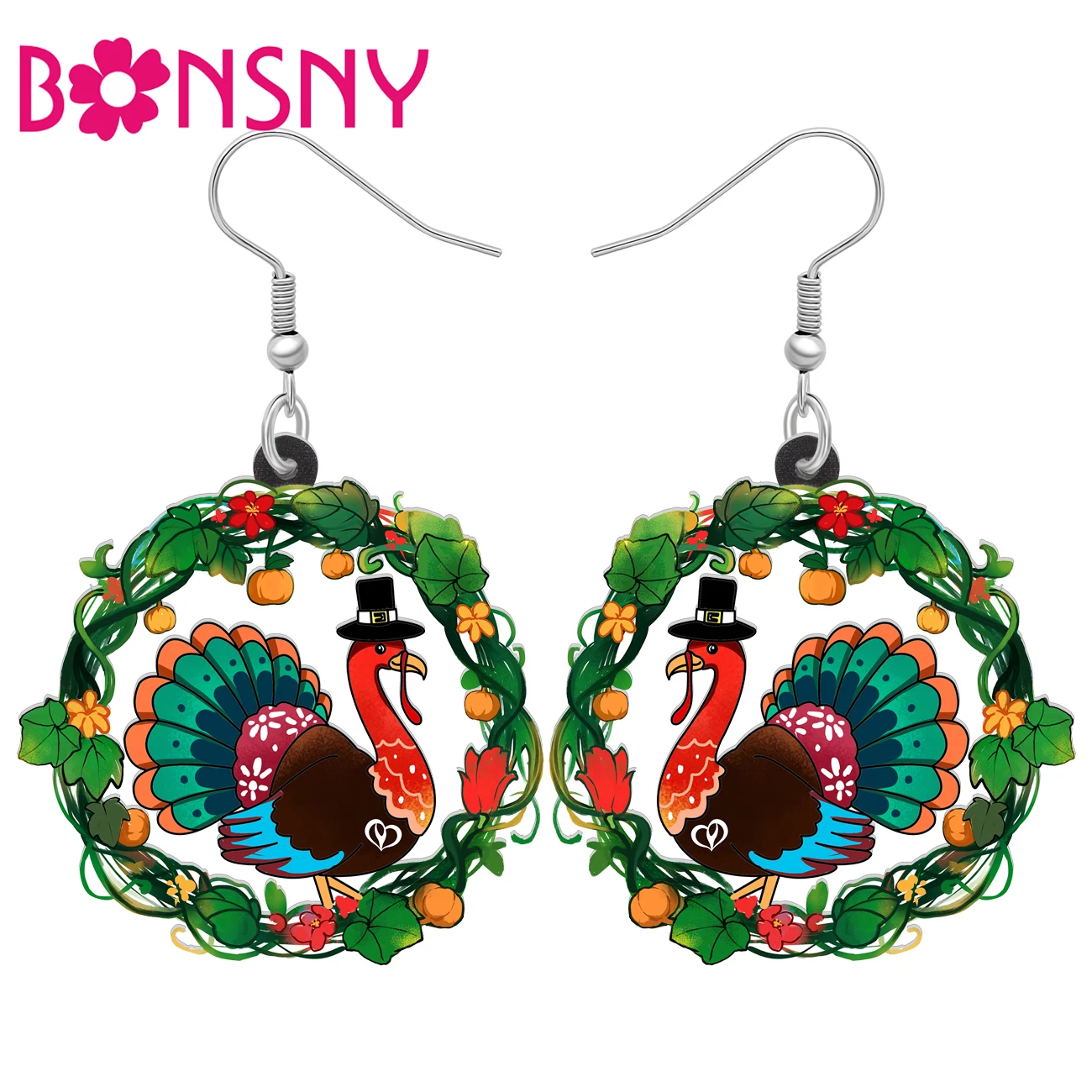 BONSNY Acrylic Thanksgiving Turkey Earrings Farm Animals Garland Chicken Fall Holiday Jewelry Thankful Gifts For Women Charms