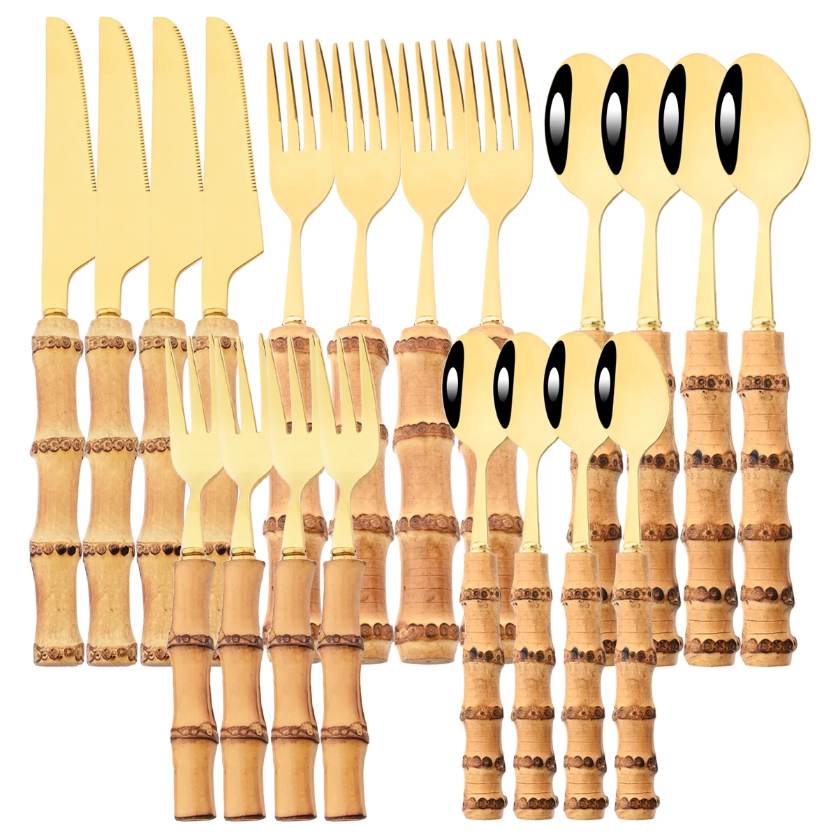 20Pcs Gold Stainless Steel Cutlery Set Wood Bamboo Root Handle Dinnerware Knife Tea Spoon Cake Fork Tableware Kitchen Silverware