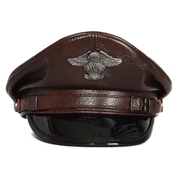 Spring Men Genuine Leather Cowhide Hat Male Flat Top Badge Locomotive Retro Military Caps Students Punk Cortical Gorra