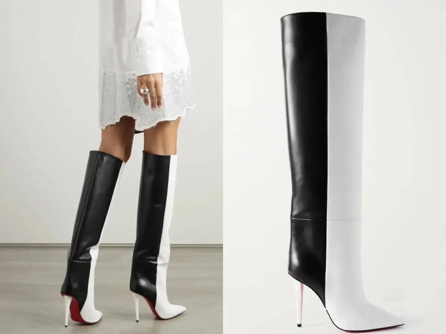 New European and American Women's Slim High Heels, Pointed Rivets, Knee Length Boots, Fashionable Party Oversized Mid Size Boots view 6