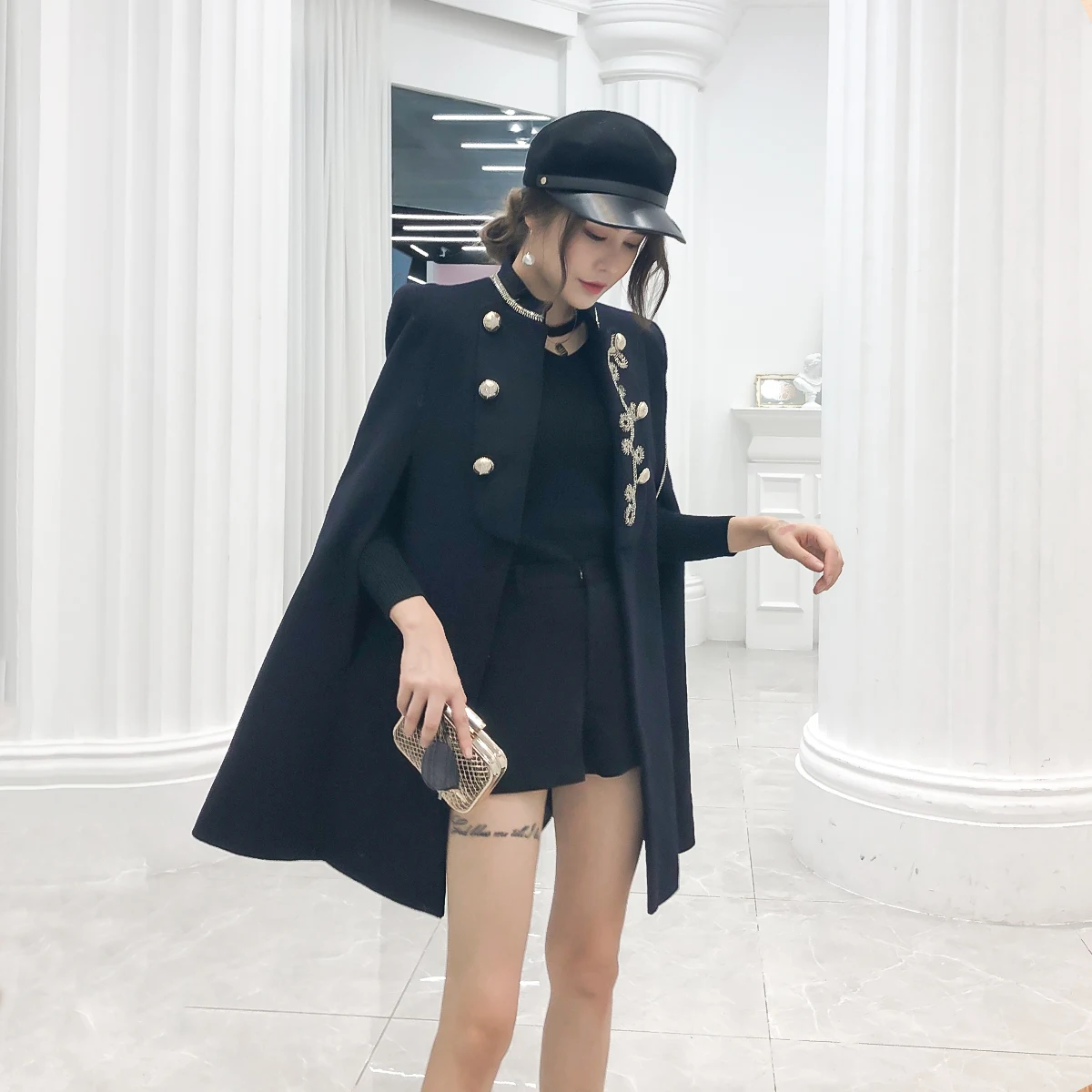 Double Breasted Military Long Wool Cape Shawl Jacket Women British Chain Embroidery Winter Casual Party Work Wool Coat 2023