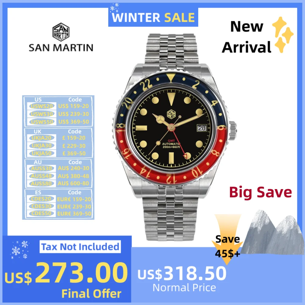 San Martin 40mm NH34 GMT Diver\'s Watch For Men Sapphire Bezel Jubilee Bracelet On The Fly Adjust Clasp 20Bar Saat Erkek SN0005B