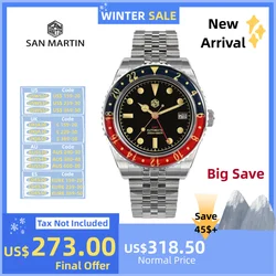 Мужские дайверские часы San Martin 40 мм NH34 GMT с сапфировым безелем, юбилейный браслет на мушке, регулируемая застежка 20 бар Saat Erkek SN0005B