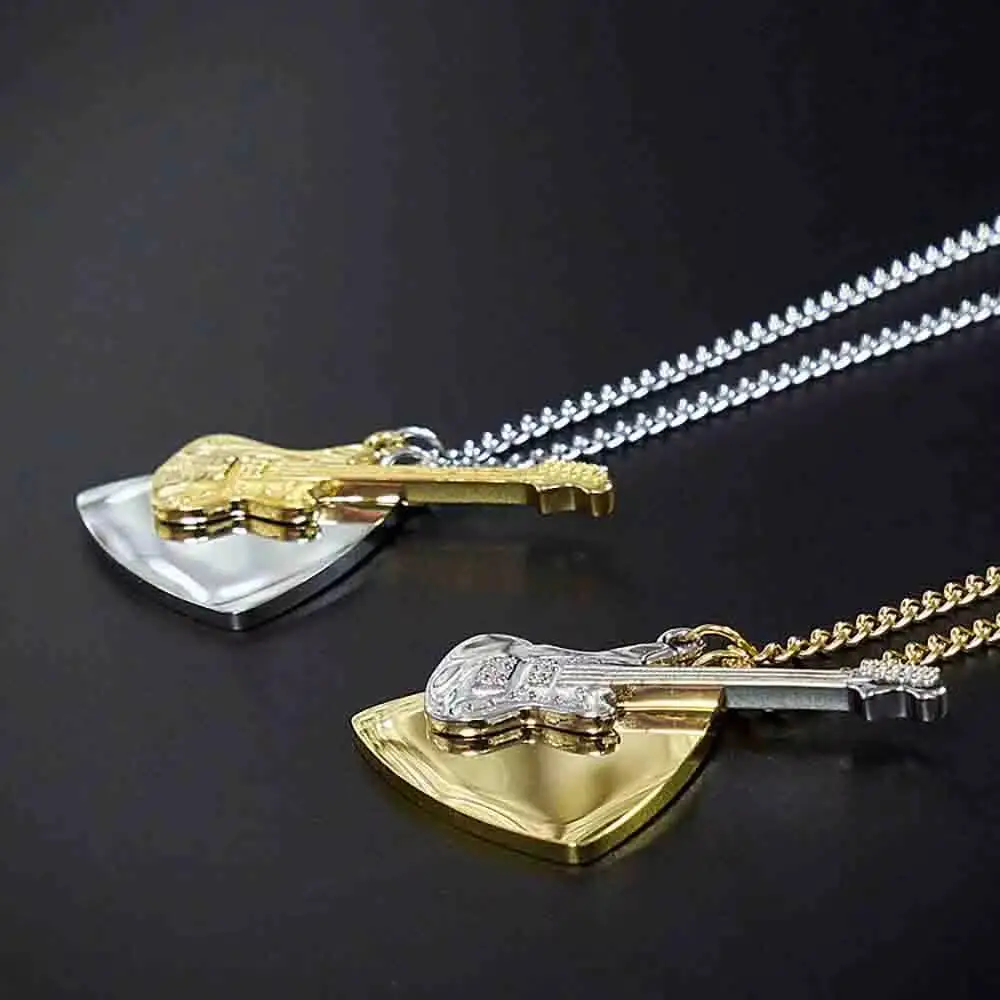 Stainless Steel Guitar and Pick Pendant Necklace for Men Women Hypo Allergenic Surgical Grade Rocker Musician