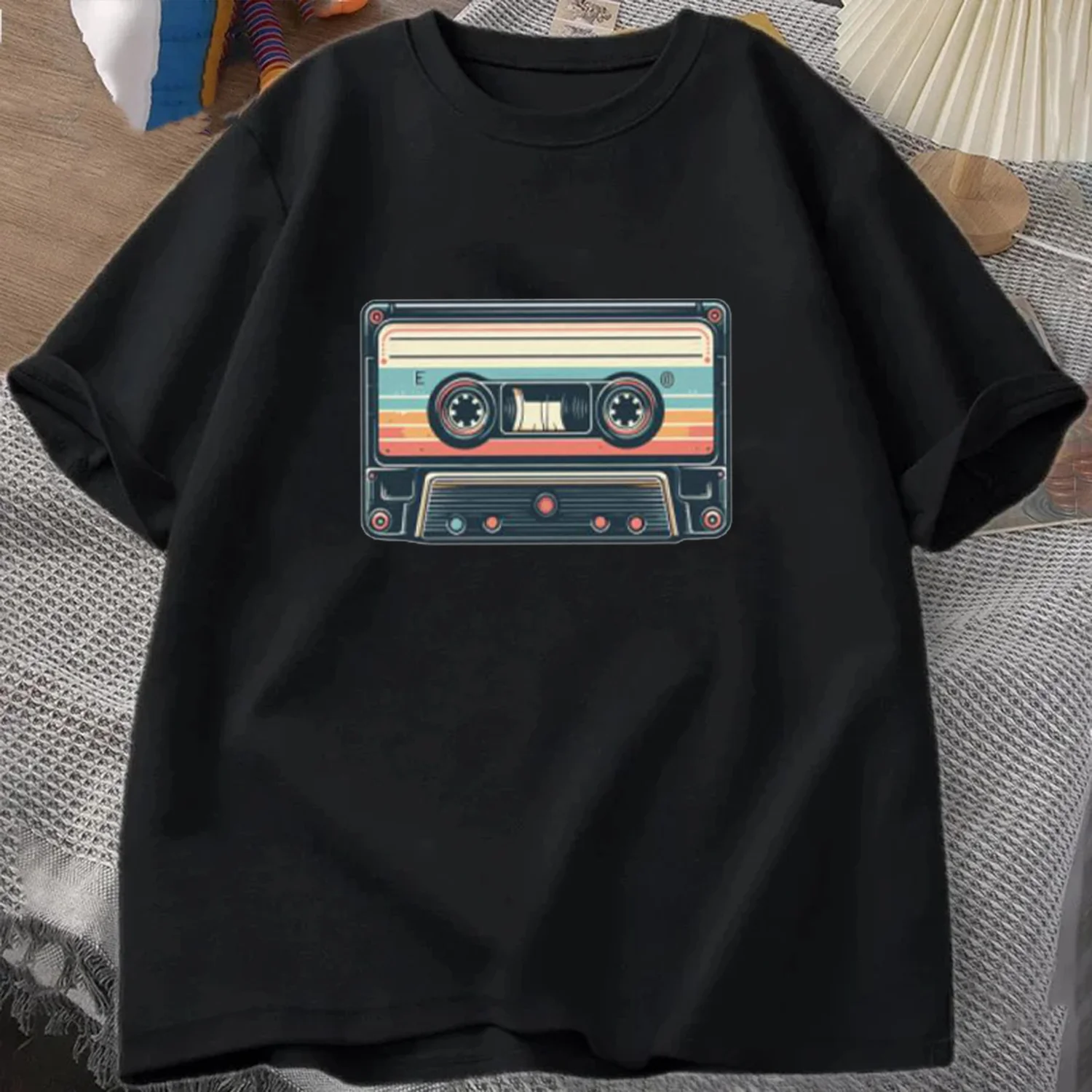 Vintage Musik Kassette 80' 90' Men's T-shirt Summer Tracksuit Short Sleeve Round Neck Tops Casual Breathable Cotton Sweatshirt