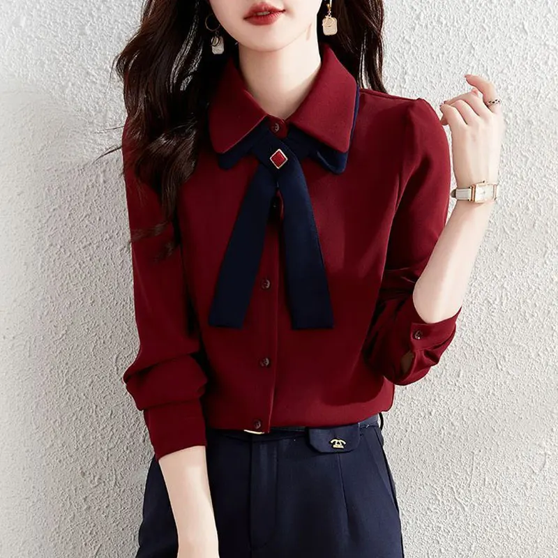 Fashion Casual Basic Shirt Solid Color Women\'s Clothing Turn-down Collar Spring Autumn Spliced Bow Single-breasted Loose Blouse