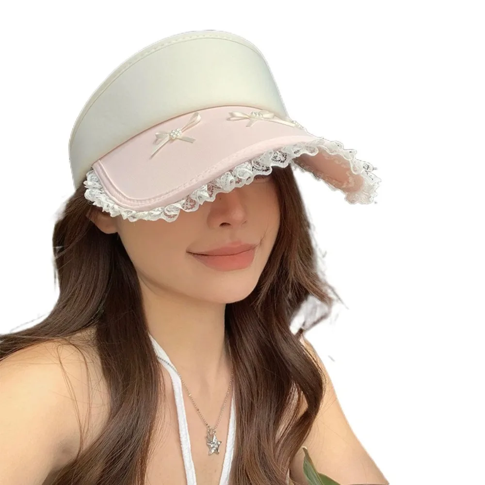 

Cute Sweet Empty Top Cap Lace Brim Adjustable Lady's Sun Hat Bowknot Sunshade Sun Protection Hat Girls