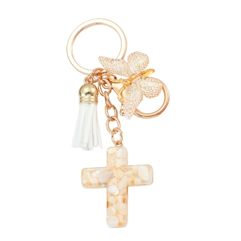  Resins Crosses and Butterfly Keychain with Tassels for Everyday Use Christian Accessories Backpack Bag Charm Decoration