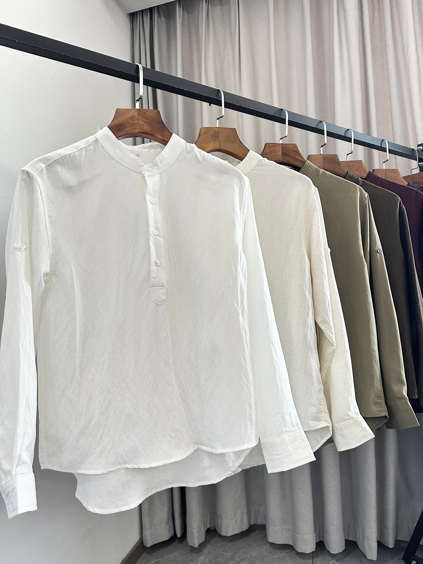 Casual Linen Rayon Long Sleeve Shirt Men's New Chinese Style Stand Collar Leisure Shirt Moisture Wicking Comfortable Fit