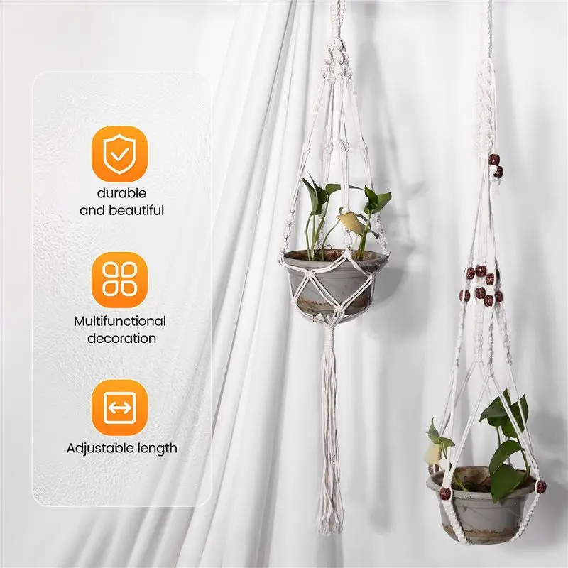 ABZC-Hand-Made Flower Stand, Adjustable Knotting Rope, Woven Hanging Basket, With Flowerpot Tray, Used In Indoor Garden.