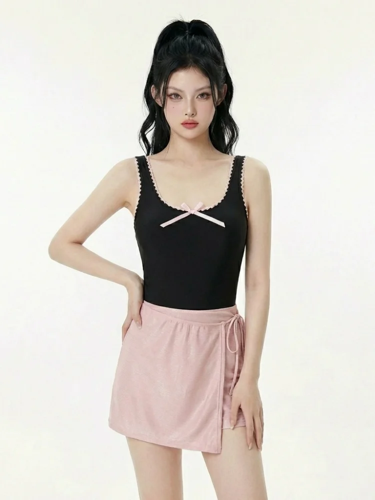 

Sweet Style Knot Strap Vest Half Skirt Set Women Summer Versatile Girl Feeling Two Piece Set Retro Style Pure Desire