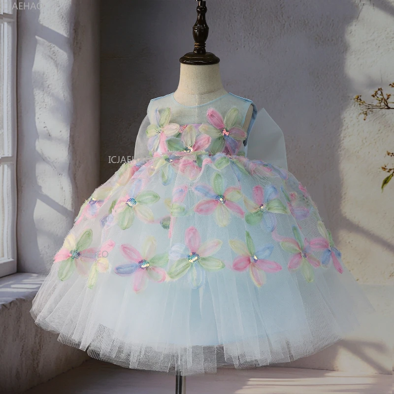 

Новое детское платье для девочек с объемным цветком на день рождения, праздничное платье принцессы с большим бантом, платье для причастия с цветочным узором для девочек, детский летний костюм