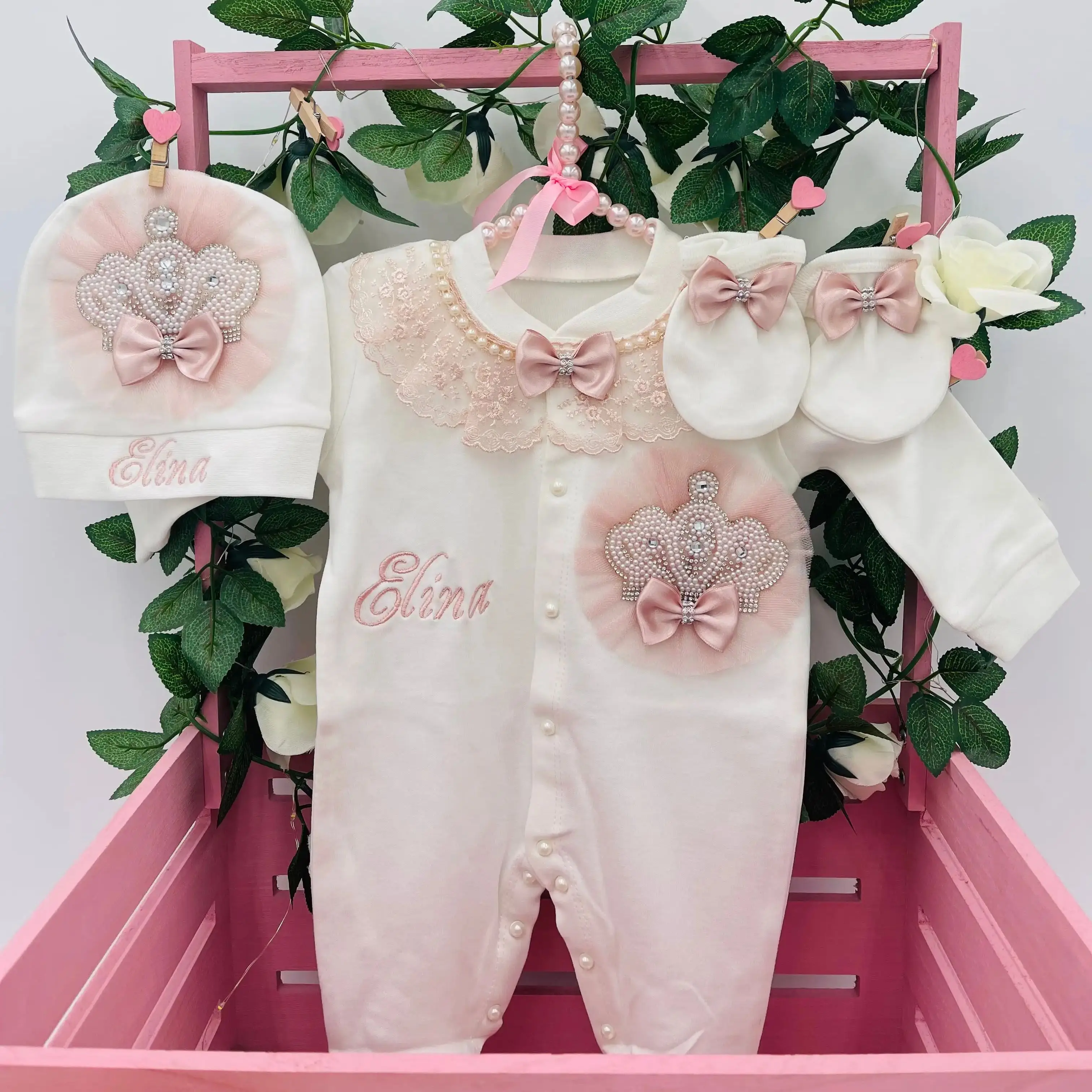 Angle Wing Take Me Home Outfit Pink Lace Baby Gown Baptism Gift Butterfly Baby Outfit and Bonnet  Infant Girl 3pcs Layette