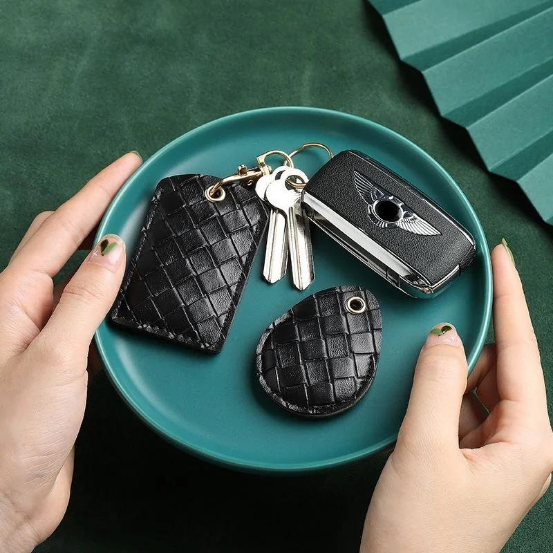 Hand-woven Access Control Card Cover Water Drop Rectangular PU Leather Keychain Mini Induction IC Card Protection Cover Keychain