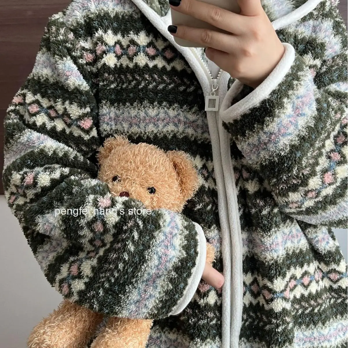 Women Hooded Zip Up Bathrobe Dark Green Stripe Millet Fleece Thick Warm Soft Cozy Casual Homewear Sleepwear Loungewear