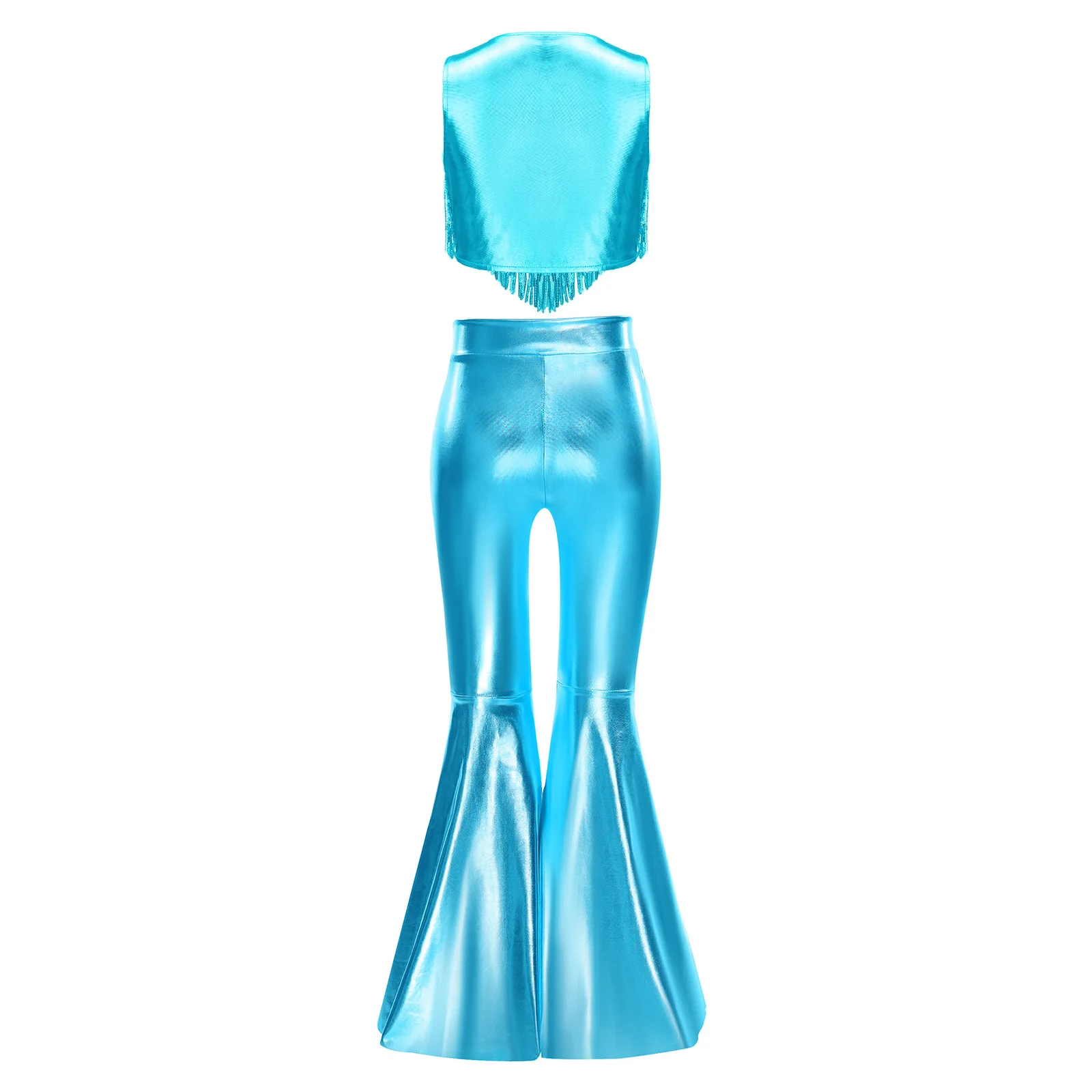 

Metallic Cowgirl Disco Costume Girls Sequins 70s Hippie Clothes Fringed Top + Flares Pants KidsDancewear Set Latin Dance Outfit