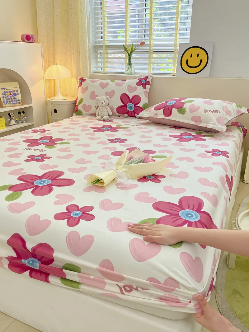 100%Pure Cotton Fitted Bed Sheet Sets with Pillowcase Flower Printing Bed Cover Single/Queen/King Size fundas de colchón Sheets