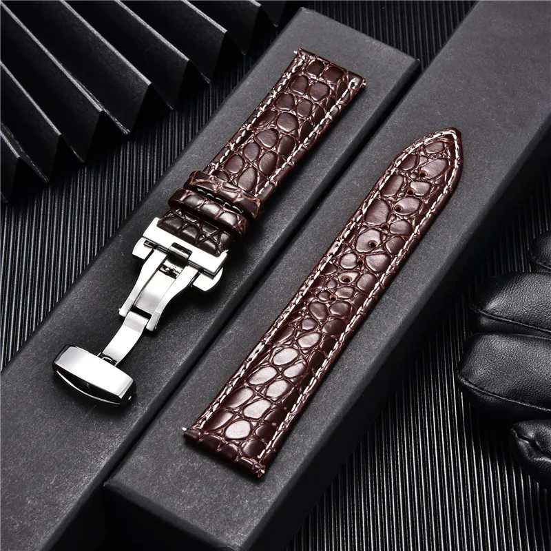 Crocodile Pattern Business Casual Black Brown Genuine Leather Watch Band Butterfly Buckle Bracelets 18mm 20mm 22mm 24mm Straps