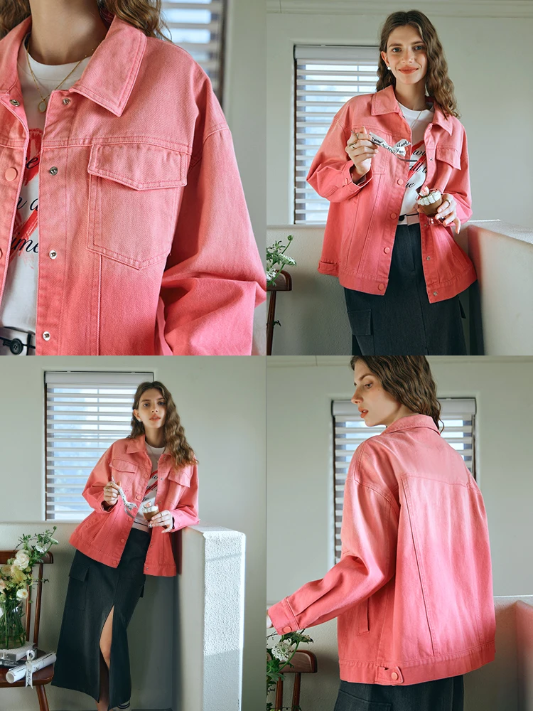 OLrain Women's Denim Jacket Gradient Pink Cropped Loose Fit Casual Spring 2025 New Soft Coat O24CW89955