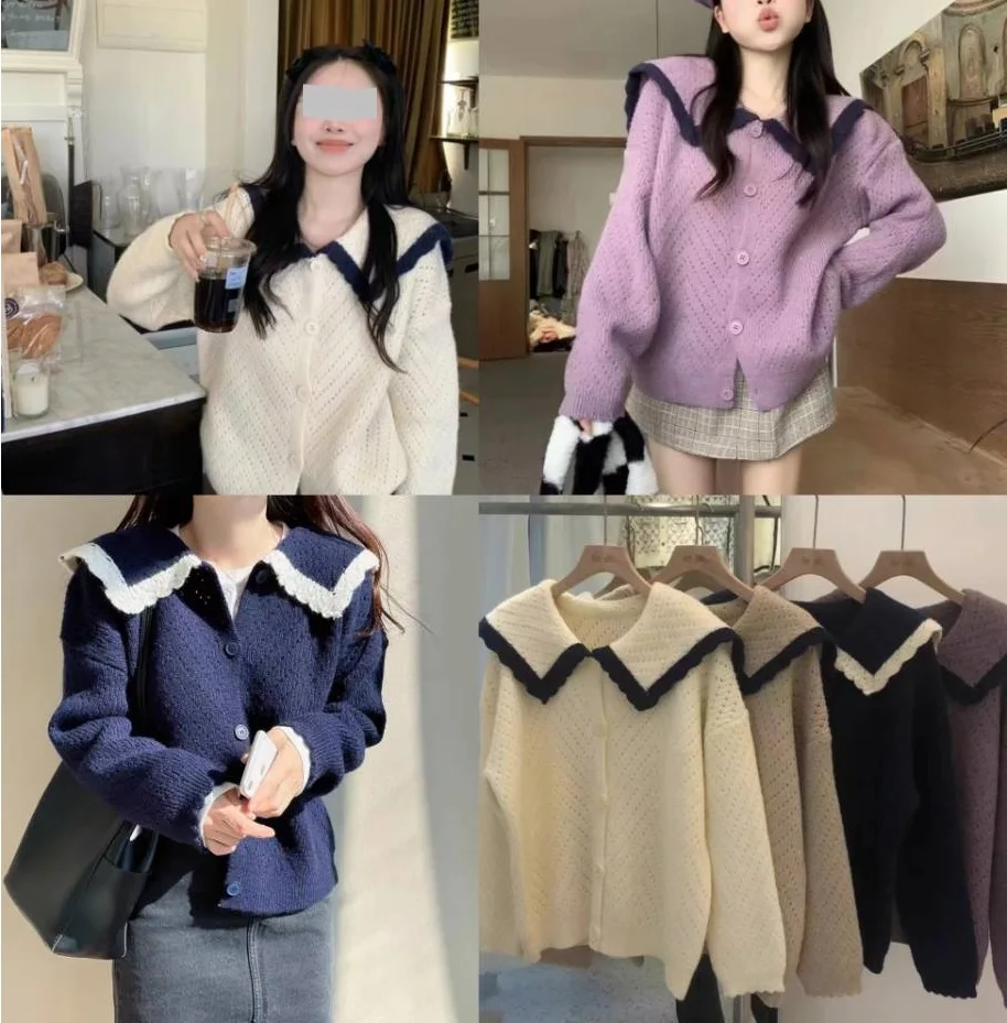 

2023 Korean Style Gentle Polo Neck Knit Women's Loose and Slim Cardigan Sweater Autumn Soft Glutinous Casual Top