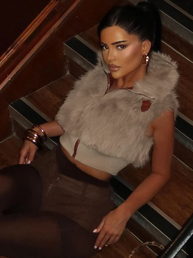 Sisterlind Sexy Hottie Wild Furry Tank Tops Women Autumn Trend Patchwork Zip Metal Leather Buckle Slim Street Clubwear Waistcoat