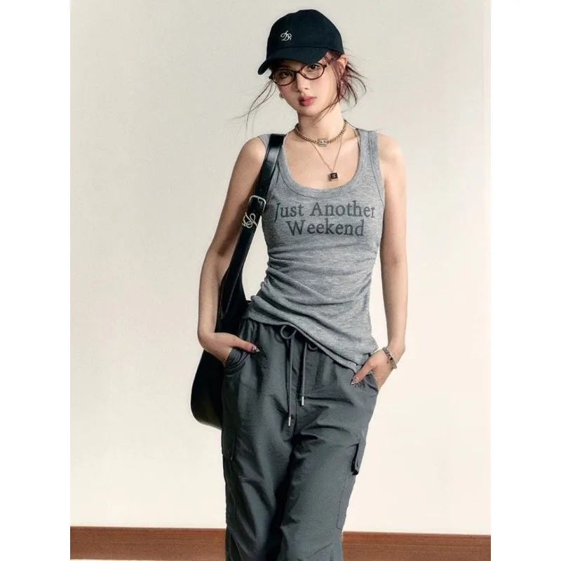 

American Hot Girl Style Letter Printed Tank Top for Women Summer O-neck Sleeveless Slim Fit Camis Fashionable Lightweight Tees