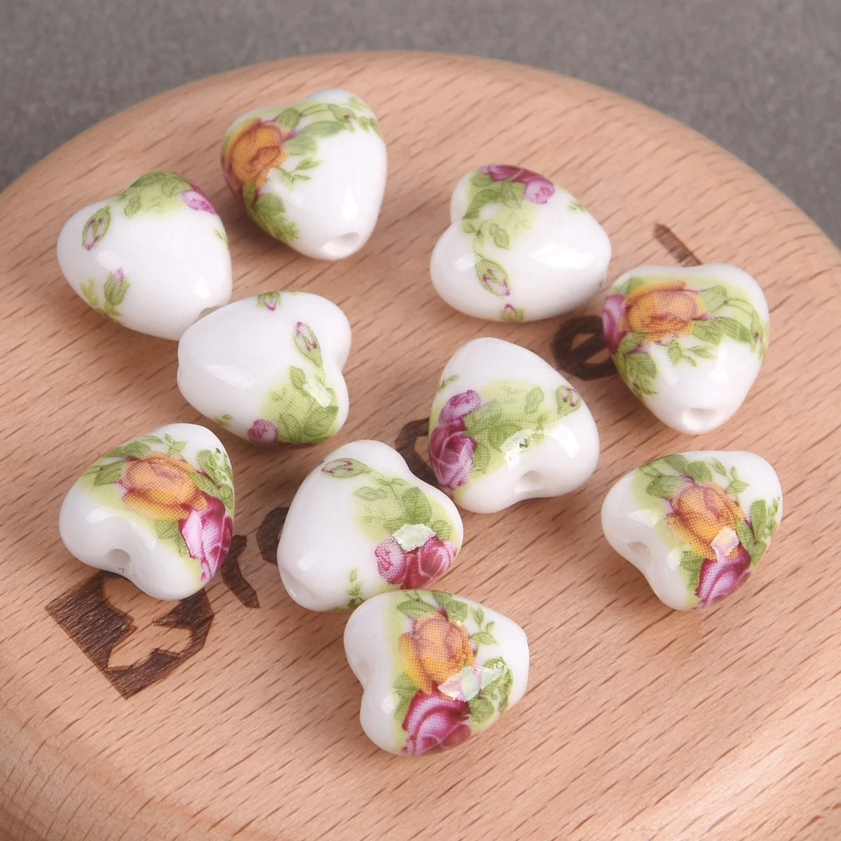 10pcs 13x12mm Heart Shape Flower Patterns Ceramic Porcelain Loose Crafts Beads For Jewelry Making DIY Findings