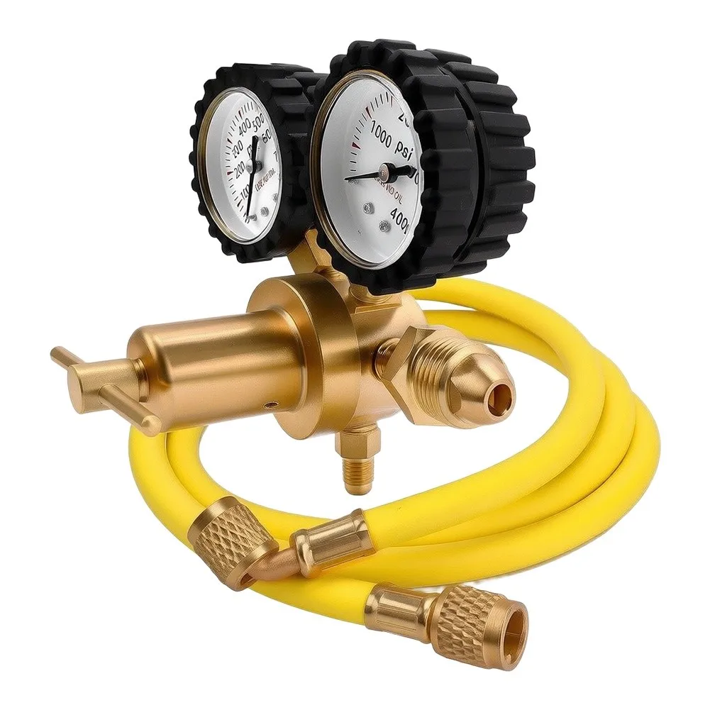 Solid Brass Nitrogen Regulator With Dual Pressure Gauges 60 Inch Hose CGA580 For Refrigeration Maintenance And Industrial Gas