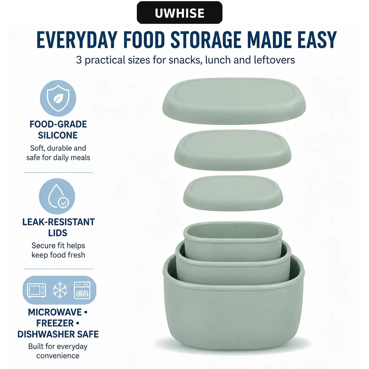 Uwhise Silicone Lunch Box Set Food Storage Containers 3 Pcs Bento Box For Microwave Freezer Nestable Salad Snack Bowls