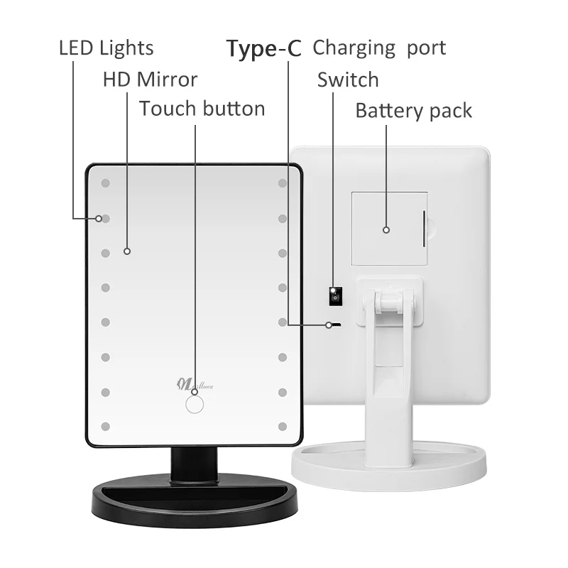 مرآة مكياج سطح المكتب مع أضواء 16 LED تعمل باللمس يعتم مرآة مكتب طاقة مرنة بواسطة بطارية أو USB محمولة للمنزل والسفر #6