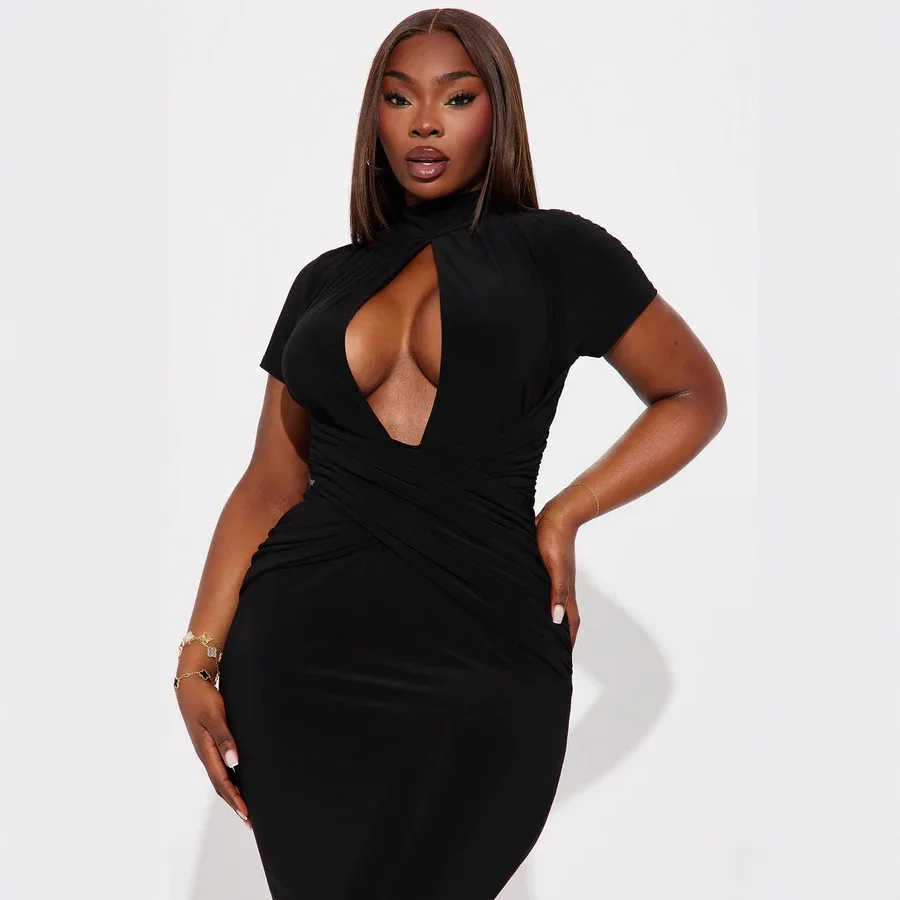 2025 여름 여성 의류 섹시한 컷아웃 반팔 단색 클래식 핫걸 스타일 패션 롱 드레스 인스 스타일