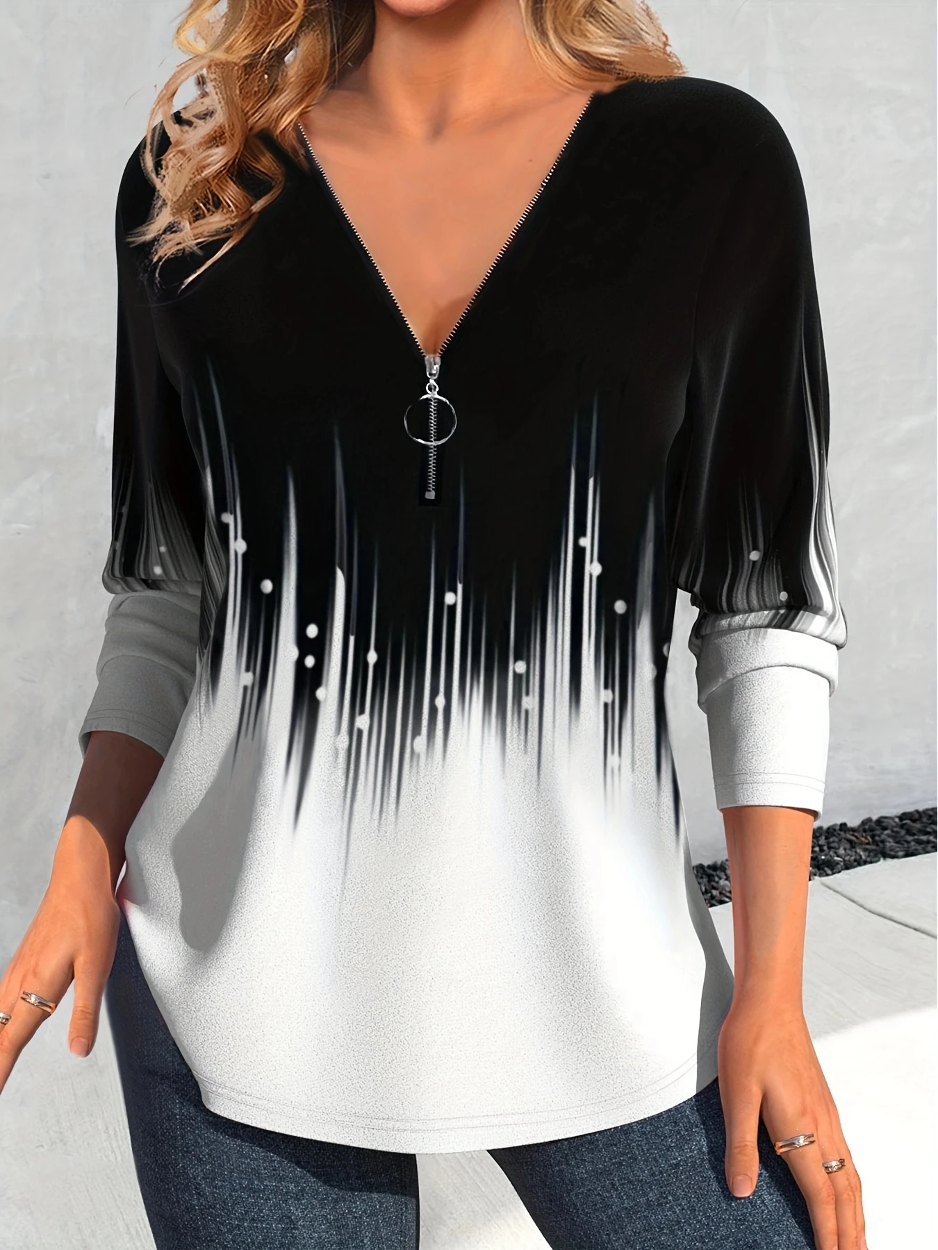 Women\'s Fashion Lightning Printed Zipper Long sleeved Top