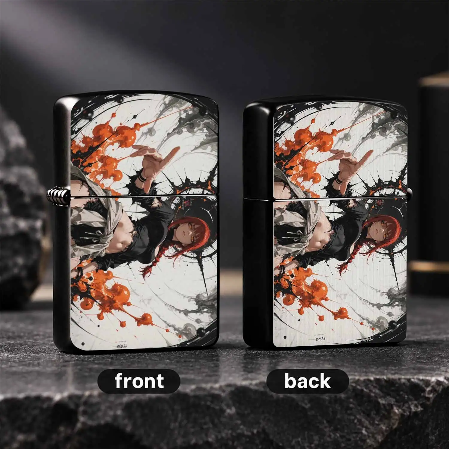 Trendy Anime Makima Themed Lighter, Cool Orange Black Ink Splatter Art Design, Atmospheric Desktop Ornament, Portable Daily Accessory, Perfect Creative Gift For Friends And Anime Fans For And All Scenarios Application A Humorous And Interes