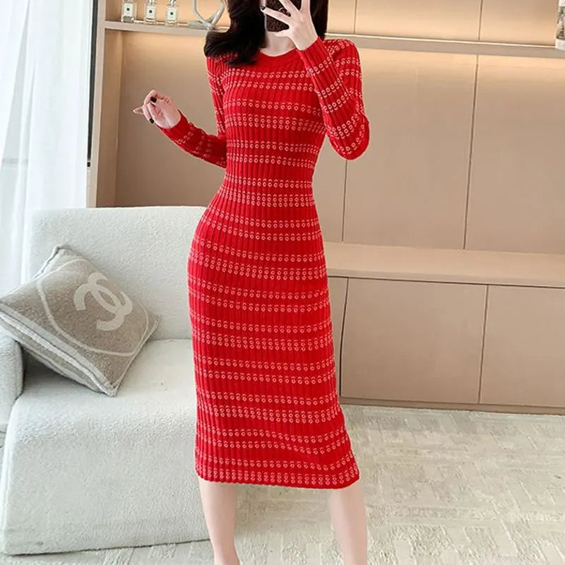 Women\'s Clothing Round Neck Knitted Midi Dress Elegant Slim Waist Spring Autumn Long Sleeve Chic Vintage Striped Bag Hip Dresses