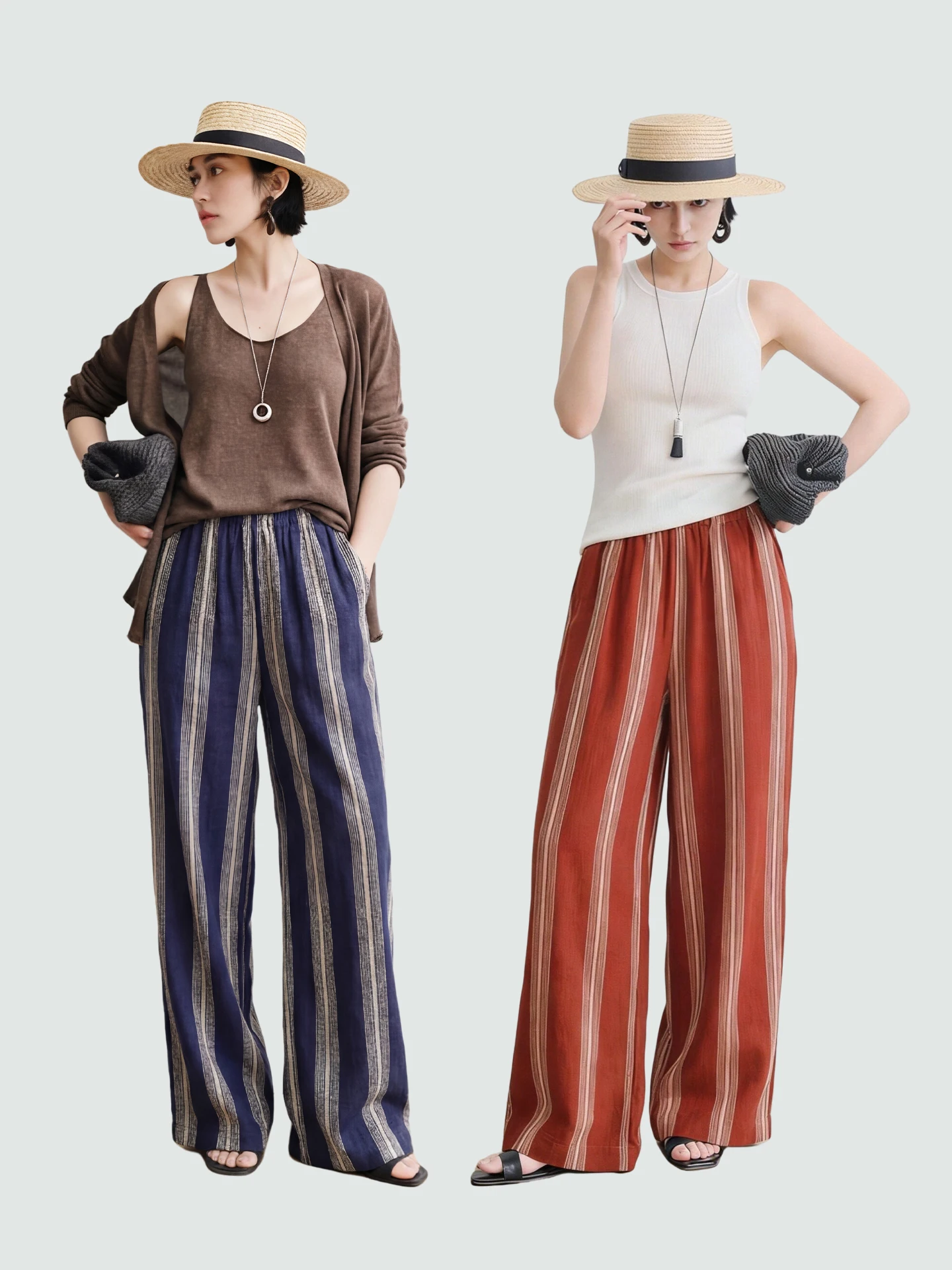 

Льняные брюки прямого кроя SueM с вышивкой и полосками, на эластичном поясе, свободного кроя, весенние, повседневные, женские, из смесового хлопка и льна