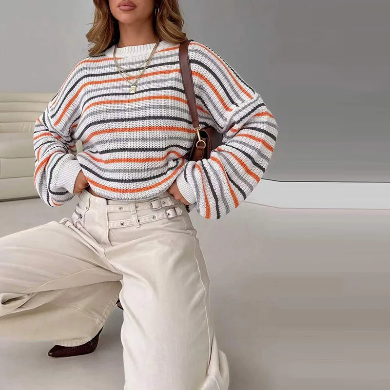 Regenbogenfarbener Gerippter Strickpullover für Damen Lässiger O-Ausschnitt Langarm Paneeliert Locker Sitzende Strickware Schicke Damen-Oberbekleidung Neu – Detail 11