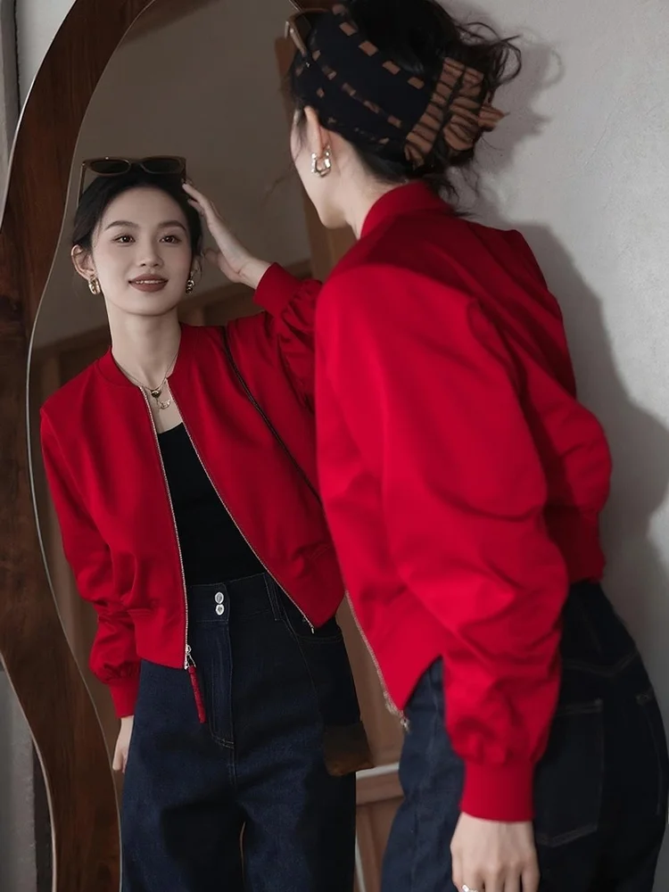 

Red Baseball Sle ort Jaet Women's Casual Simple Flight Suit Top Spring 2026 New Arrival Cact Size Commute Wind