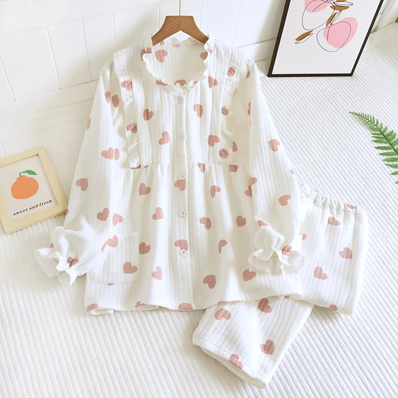 Fdfklak Pure Cotton Nursing Pajama Set Autumn Winter Thicken Maternity Sleepwear Pink/White Love Print Breastfeeding Clothes