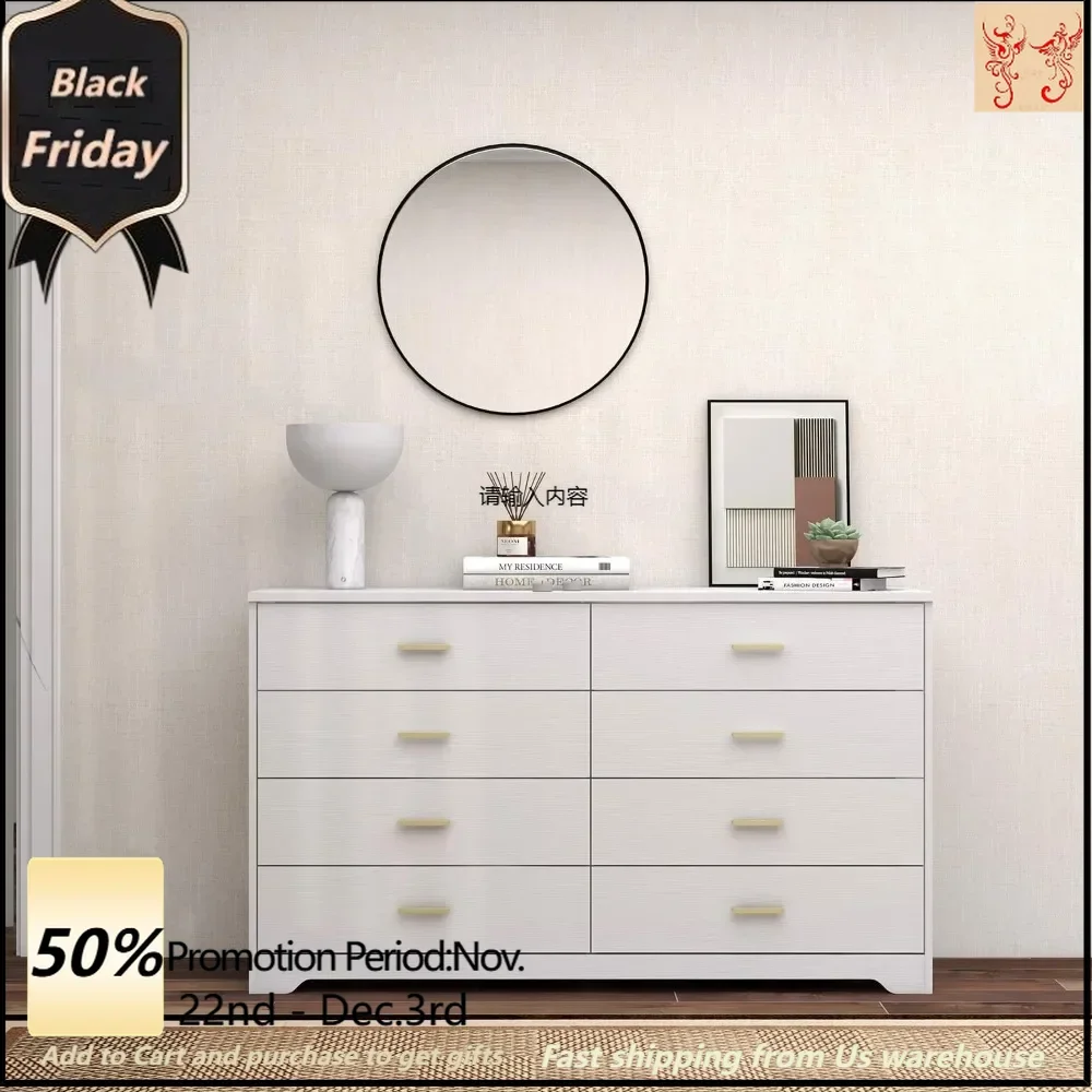 

8 Drawer Wood Lateral Dresser, Big Wide Chest of Drawers Storage Organizer with Metal Gold Handles Home Bedroom (White)