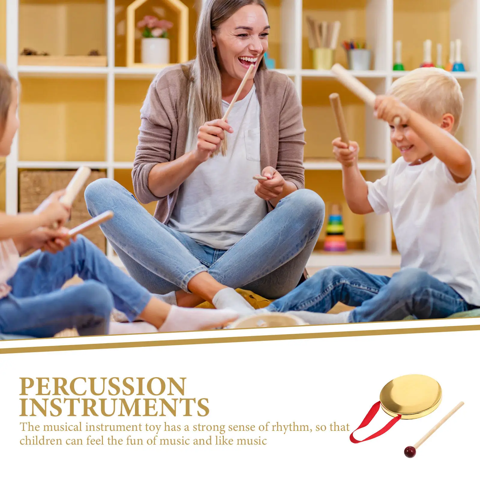 1Set Small Hand Held Metal Gong Percussion Instrument Portable Musical Party Prop with Mallet for School Performance