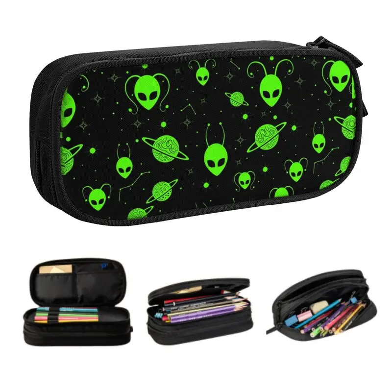 Custom Green Alien Universe Wondrous Cosmos With Planet Stars School Pencil Case Large Capacity Pencil Pouch Students Stationery