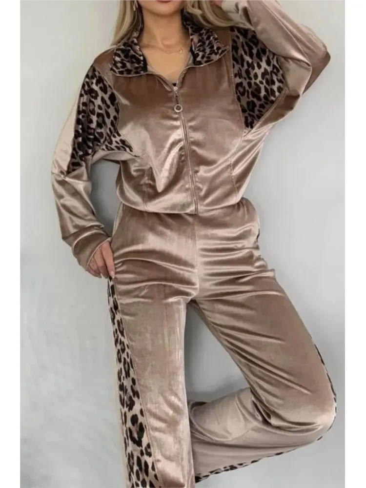 2025 New Arrival 2 Piece Women Sets Spring Autumn Leopard Pring Sets Two Pieces Sets Zip Top & Pants Suits Outfits Clothing