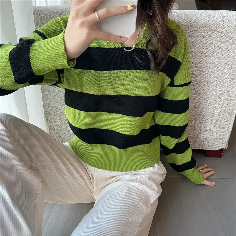 بلوفرات نسائية مخططة بتصميم نحيف ورقبة على شكل حرف v قماش حياكة على الطراز الكوري أنثى كل مباراة بسيطة موضة جديدة ربيع الخريف غير رسمية